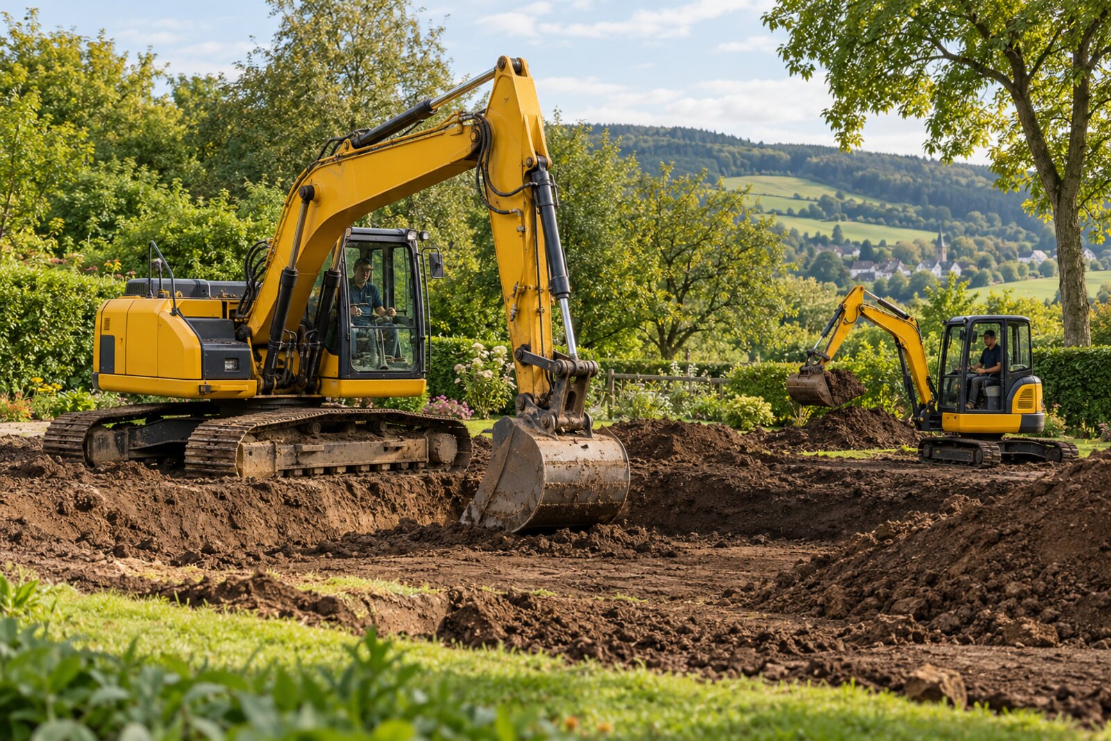 Großer und kleiner Bagger bei sauberen Erdarbeiten in grüner Umgebung – KI-Symbolmotiv
