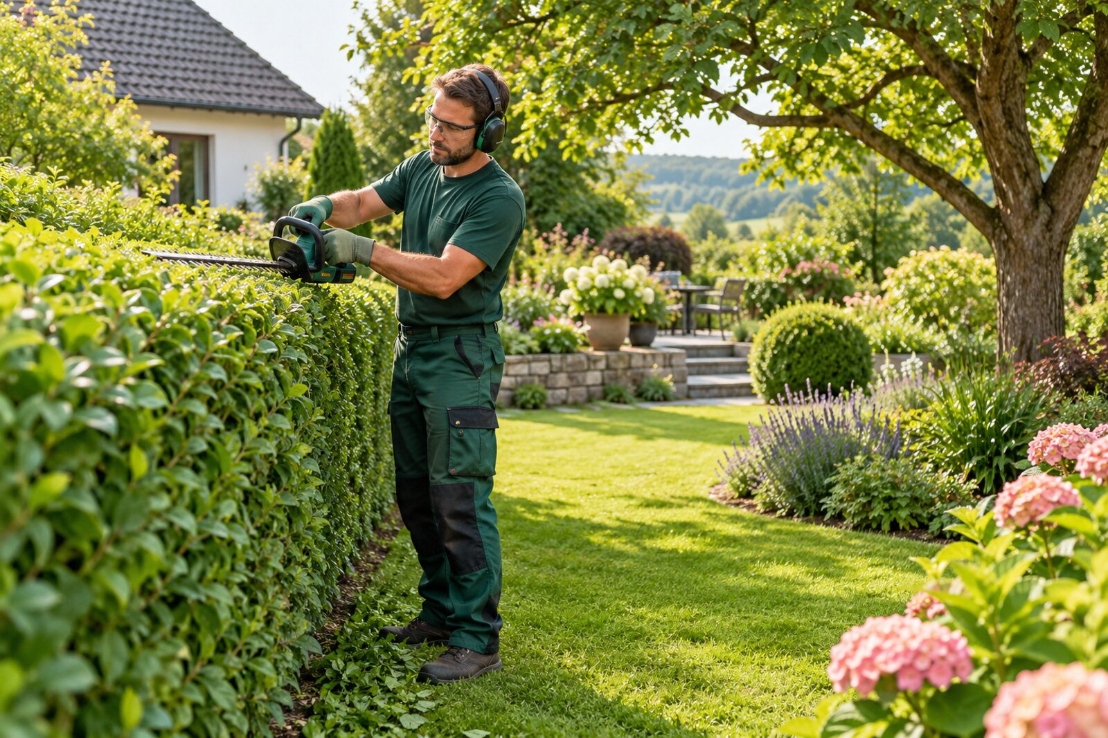 Präziser Heckenschnitt in einem gepflegten Garten mit Rasen und Stauden – KI-Symbolmotiv