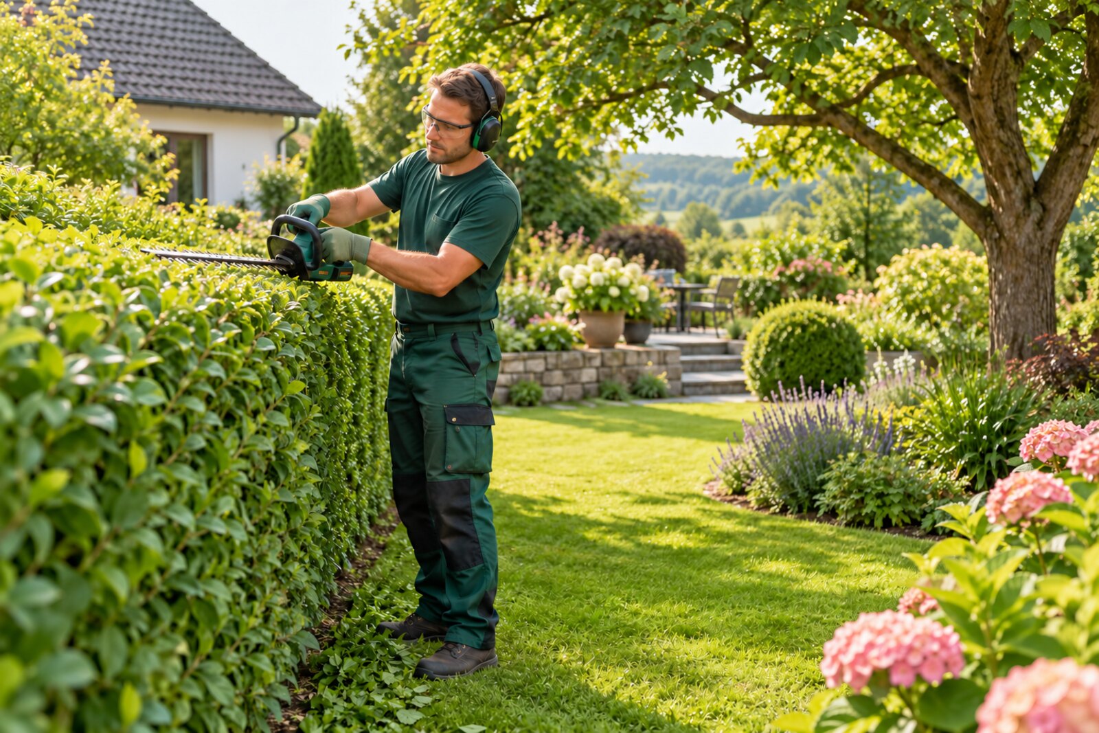 Glattrasierter Gartenarbeiter beim gepflegten Heckenschnitt – KI-Symbolmotiv